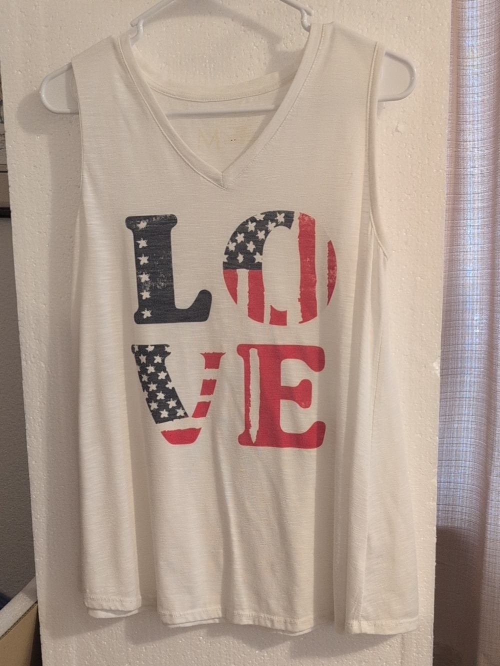 White Sleeveless V-Neck Tank with American Flag LOVE Graphic